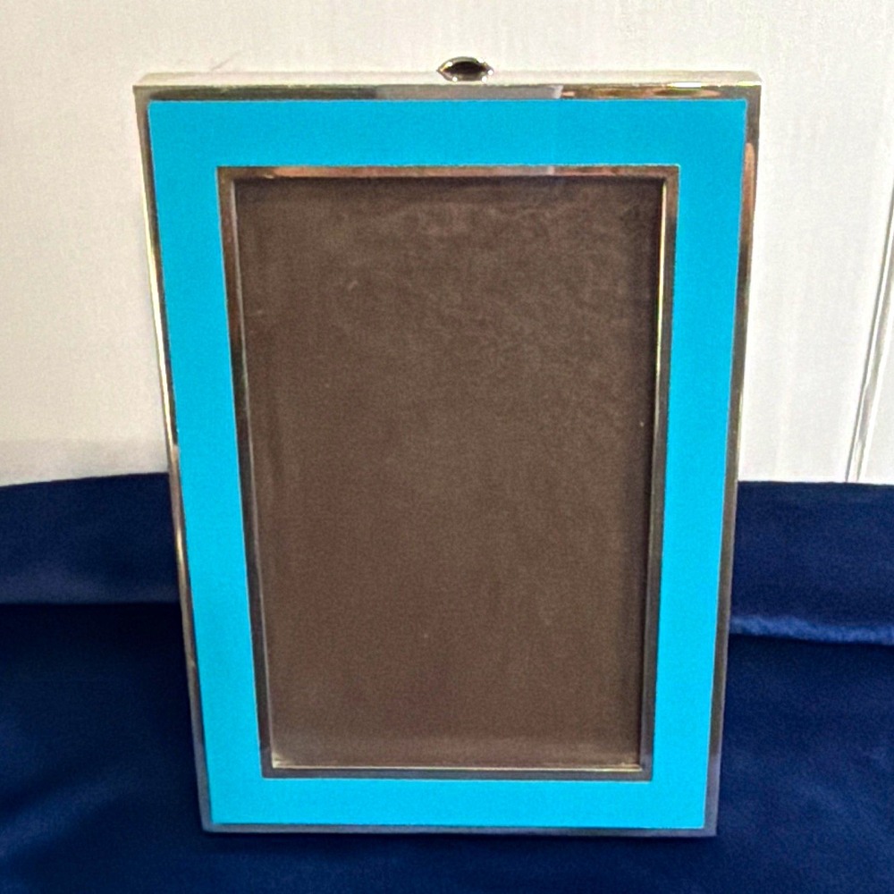 PAPYRUS Turquoise Blue Enamel & Silver Tone Picture Frame 5x7 Heavy Velvet Back
